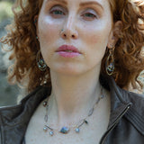 Purple/blue fresh water pearl array, gold-filled links, and sparkly oxidized sterling silver links to form a charm necklace