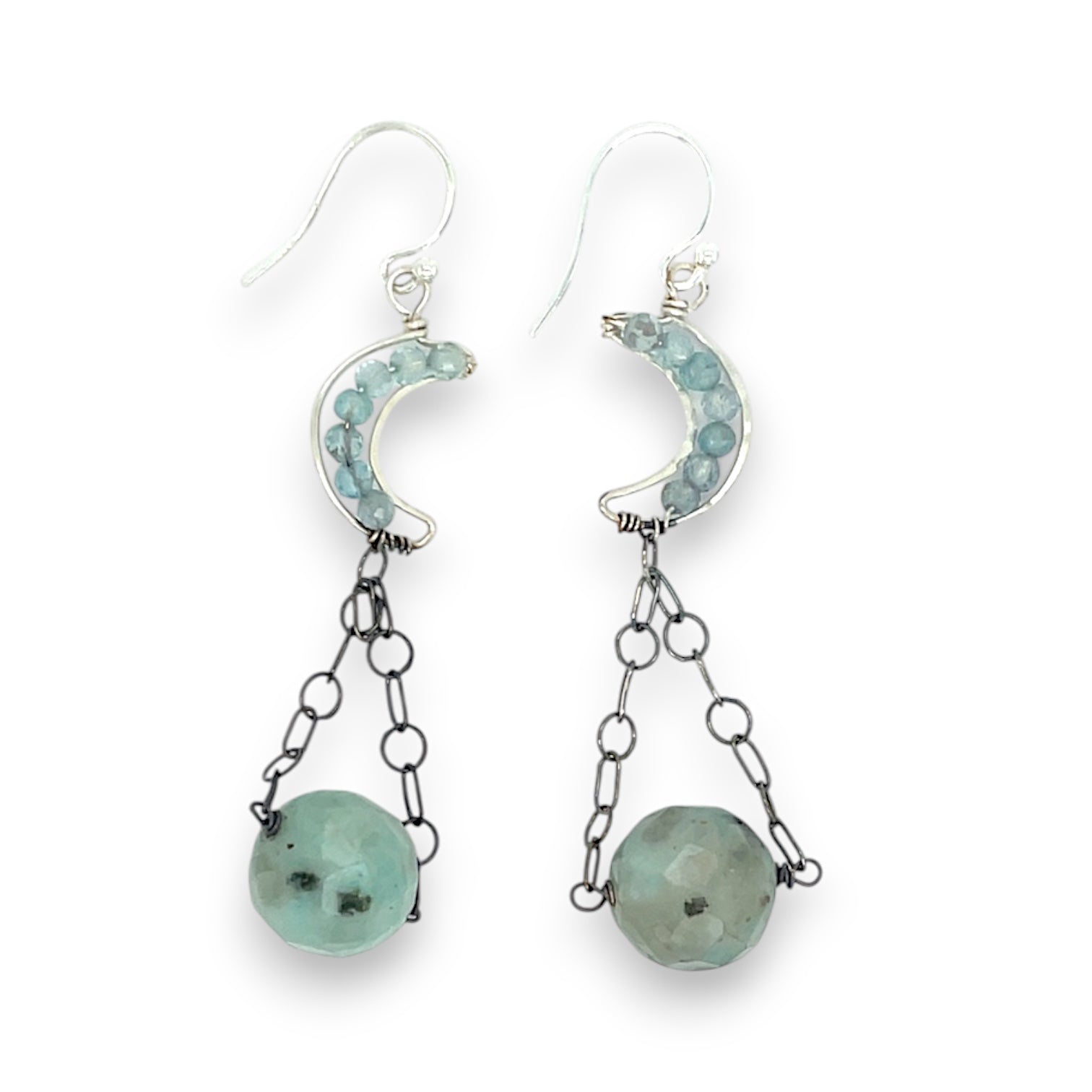 Faceted apatite within handmade sterling silver mini moon earrings, blue agate spheres are held beneath on darkened sterling chain