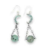 Faceted apatite within handmade sterling silver mini moon earrings, blue agate spheres are held beneath on darkened sterling chain