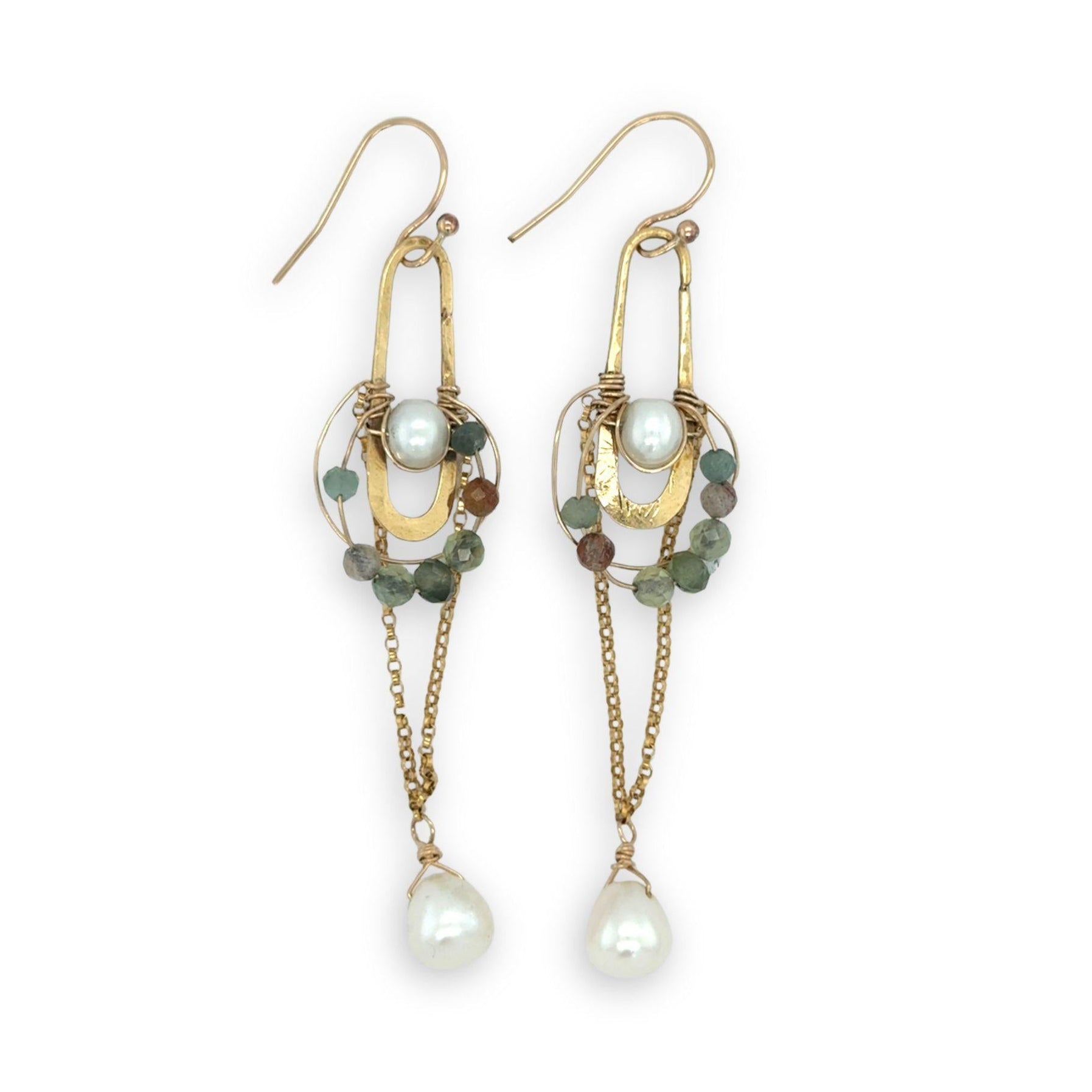 Hammered skinny oval and gold filled chain chandelier earrings accented with fresh water pearl, green kyanite, rutilated quartz gemstones on gold filled wire