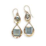 double drop brass earrings with muted green crystal tile and fresh water pearl on gold filled wire