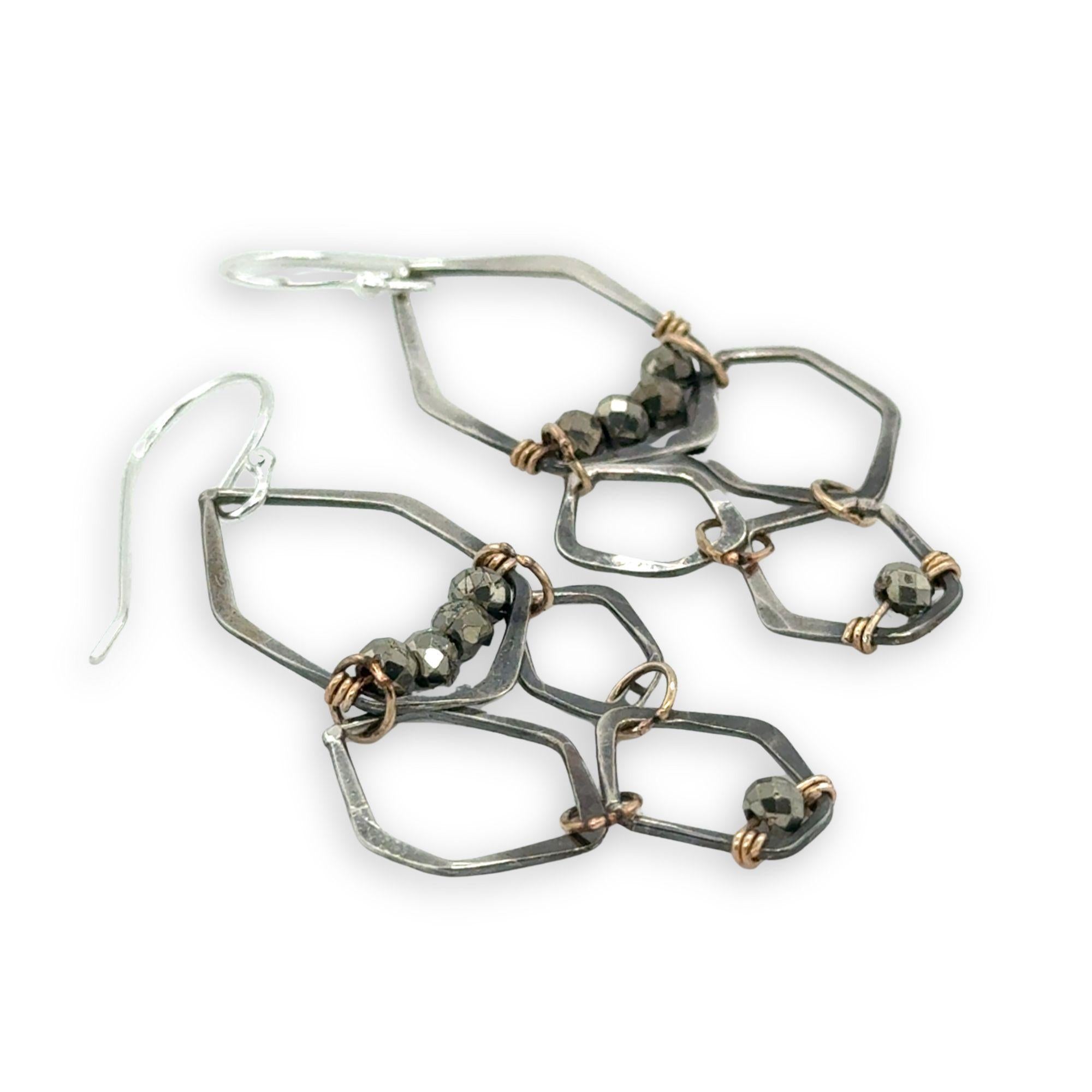 Oxidized sterling silver honeycomb shaped earrings with gold filled and pyrite accents