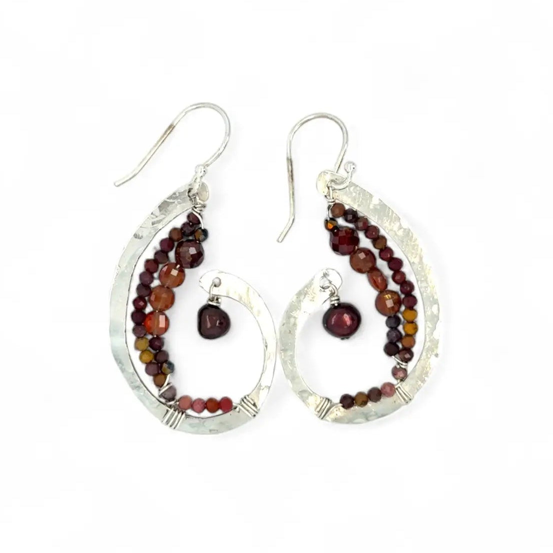 Hammered sterling silver curled earrings lined with ombre mookaite jasper and hessonite garnet gemstones with a rich red fresh water pearl dangle