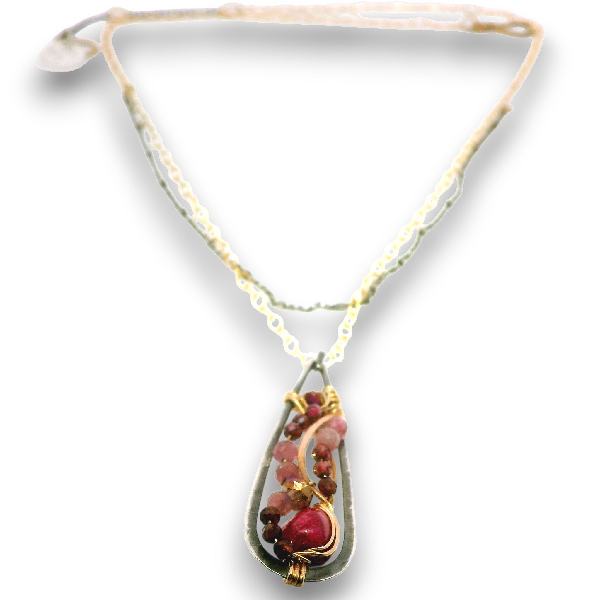 A handmade teardrop pendant necklace featuring a silver-toned metal frame filled with small pinkish-red beads and gold-toned wire wrapping, suspended from a delicate gold chain.