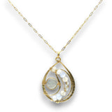 A gold teardrop pendant necklace featuring a large round iridescent moonstone and smaller white opal-like beads arranged in a crescent, suspended from a delicate gold chain on a white background.