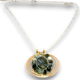 A gold necklace with a circular pendant featuring a dark green labradorite gemstone surrounded by faceted green and gray beads, suspended on a delicate gold chain against a white background.