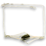 A delicate silver wire necklace featuring a central dark green polished stone wrapped in an open geometric frame, shown against a plain white background.
