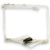 A delicate silver wire necklace featuring a central dark green polished stone wrapped in an open geometric frame, shown against a plain white background.