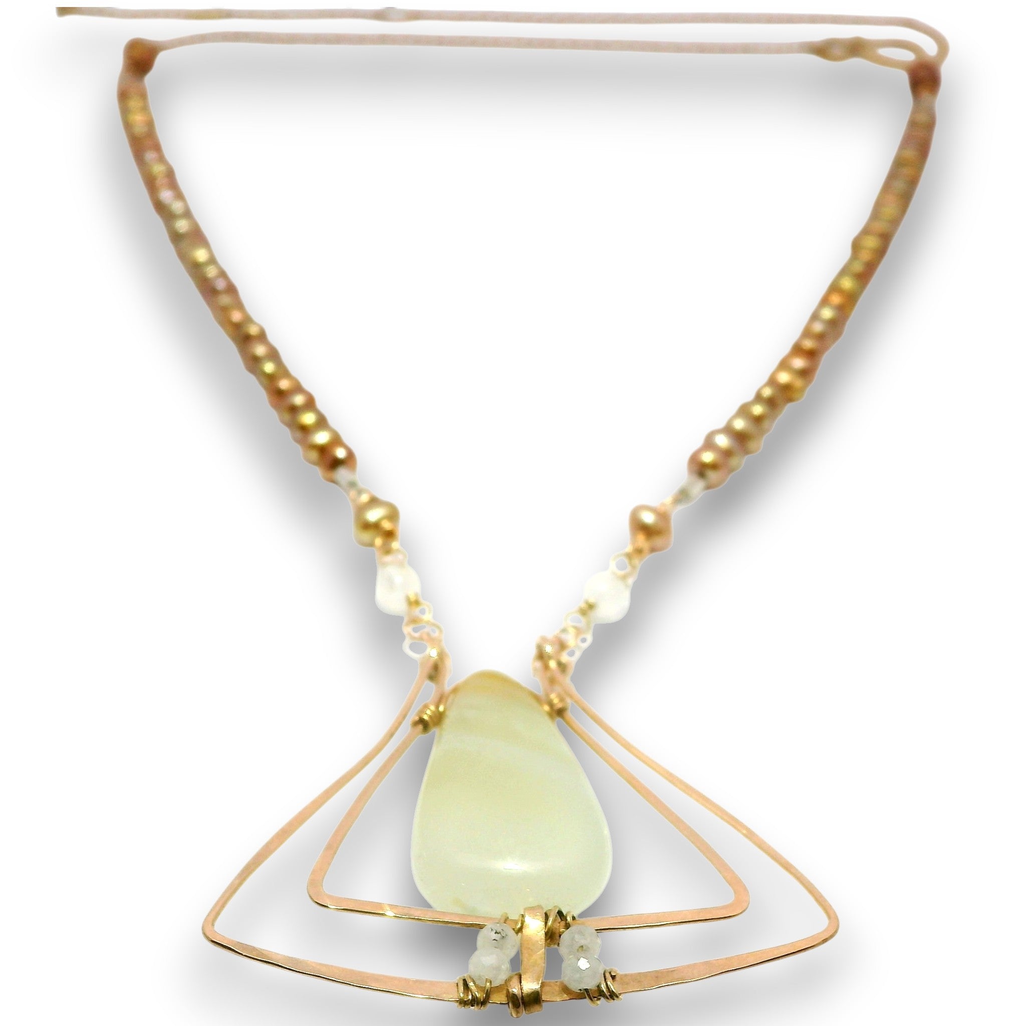 A beaded necklace with a central pale green teardrop pendant, suspended between two interlocking gold wire triangles. The necklace features small metallic gold beads and clear faceted beads on a white background.