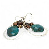 A pair of sterling silver drop earrings with gold filled wire, featuring chrysocolla drop gemstones, chocolate freshwater pearls, and chocolate striped agate.