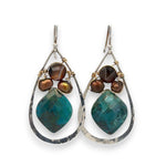 Chrysocolla teardrop held within rust brown fresh water pearls and a brown striped agate gemstone coin inside hammered sterling silver drop earrings