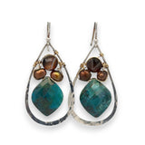 Chrysocolla teardrop held within rust brown fresh water pearls and a brown striped agate gemstone coin inside hammered sterling silver drop earrings