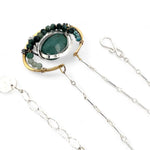  brass cup necklace with smooth african opal jasper oval wrapped in hammered sterling silver, oxidized sterling twist, emerald gemstones, and crystal