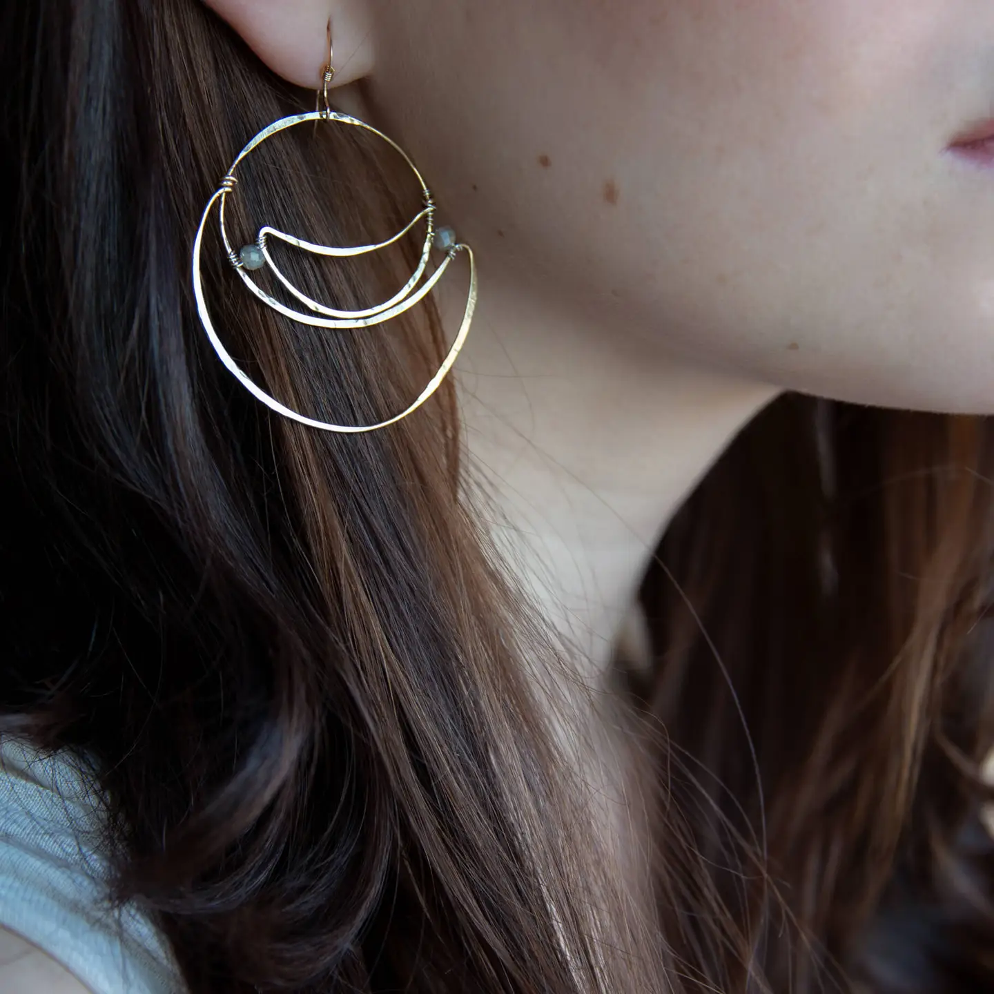 Lightweight brass hammered statement hoop earrings with labradorite gemstone accents on gold filled earrings hooks
