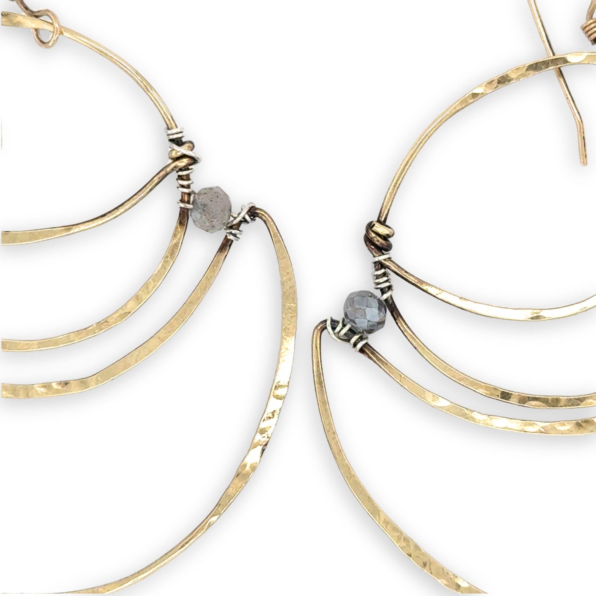 Lightweight brass hammered statement hoop earrings with labradorite gemstone accents on gold filled earrings hooks