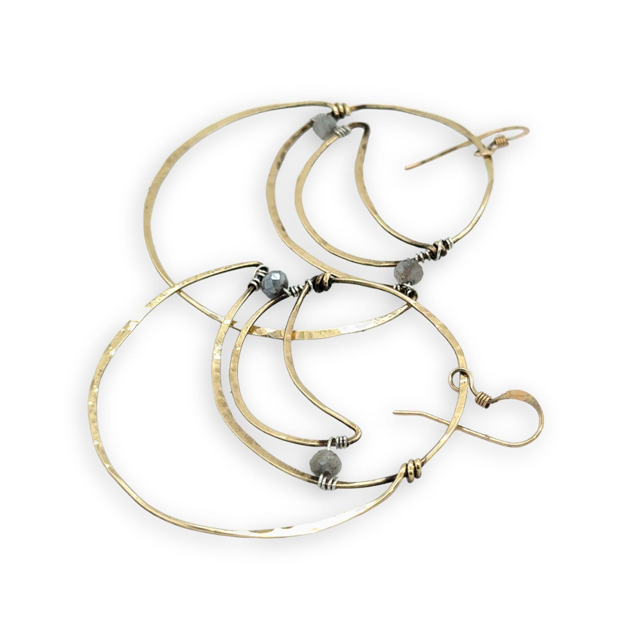 Lightweight brass hammered statement hoop earrings with labradorite gemstone accents on gold filled earrings hooks