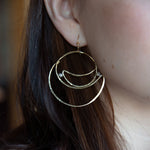 Lightweight brass hammered statement hoop earrings with labradorite gemstone accents on gold filled earrings hooks