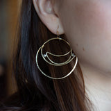 Lightweight brass hammered statement hoop earrings with labradorite gemstone accents on gold filled earrings hooks