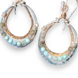 A pair of sterling silver and bronze channel hoop earrings featuring amazonite and labradorite gemstones
