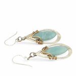Teardrop-shaped sterling silver hammered earrings with brass and amazonite marquise gemstones
