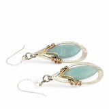 Teardrop-shaped sterling silver hammered earrings with brass and amazonite marquise gemstones
