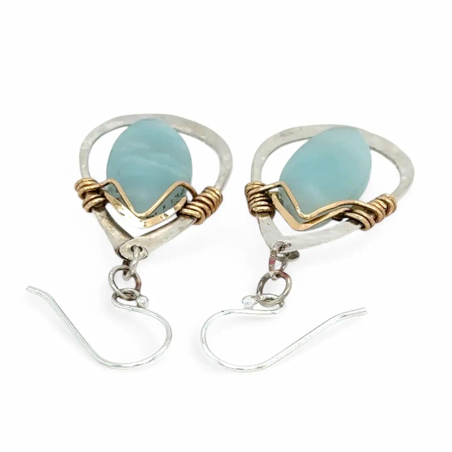 Teardrop-shaped sterling silver hammered earrings with brass and amazonite marquise gemstones