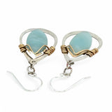Teardrop-shaped sterling silver hammered earrings with brass and amazonite marquise gemstones