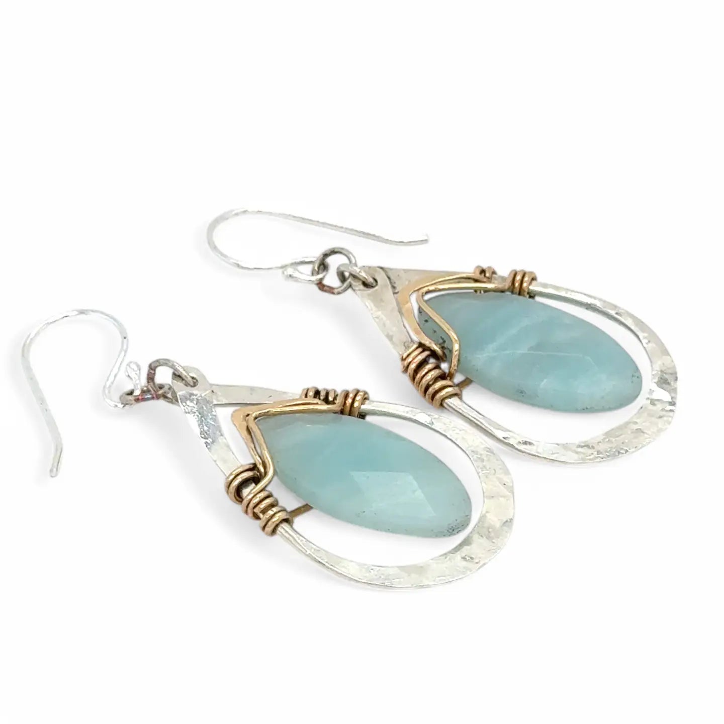 Teardrop-shaped sterling silver hammered earrings with brass and amazonite marquise gemstones