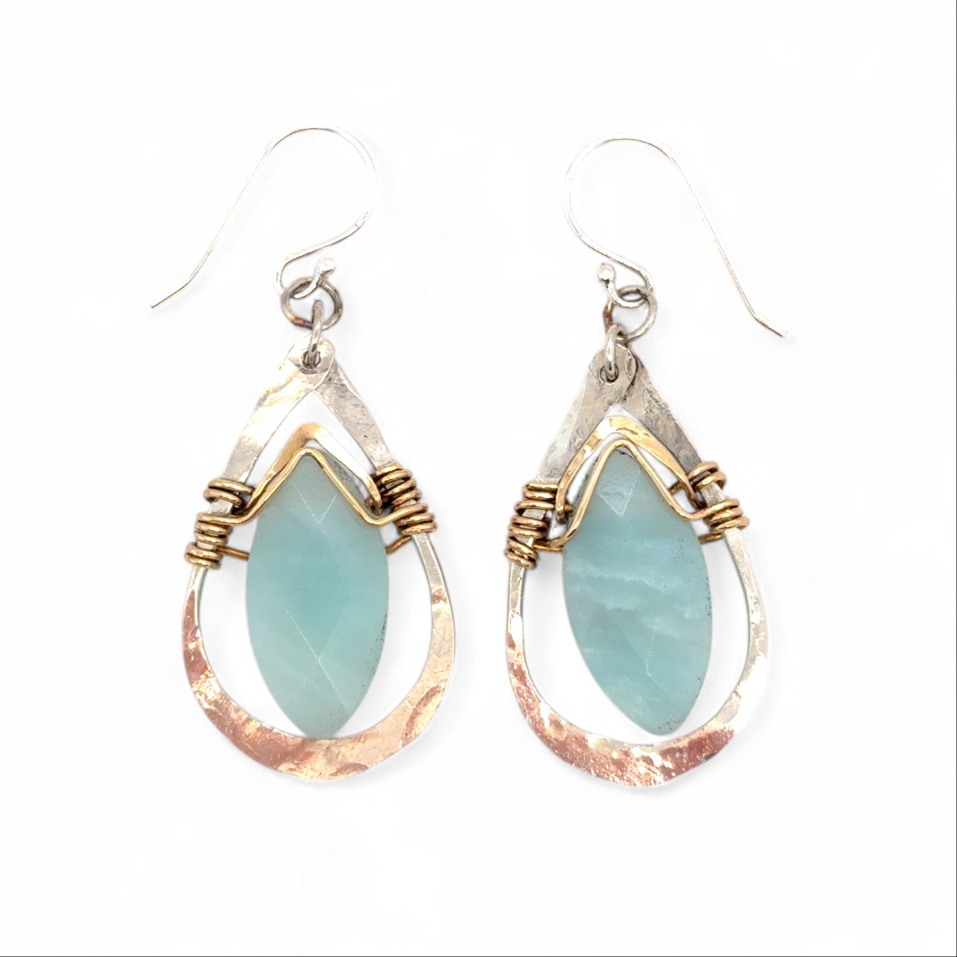 Teardrop-shaped sterling silver hammered earrings with brass and amazonite marquise gemstones