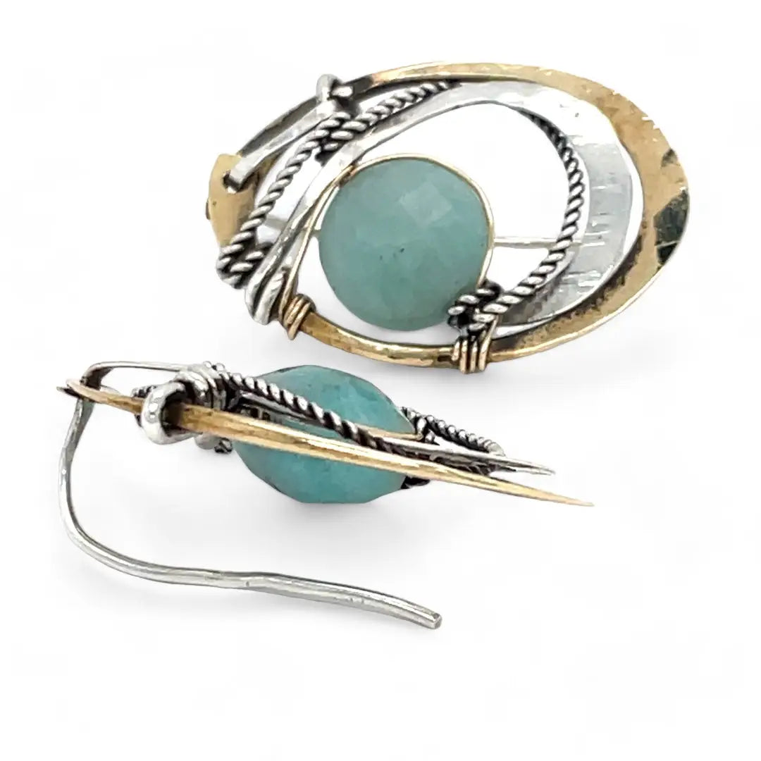 Brass oval earrings with oxidized sterling twist and sterling hammered details with amazonite coins wrapped in gold filled wire with built in sterling silver earring hooks that wear like a post earring