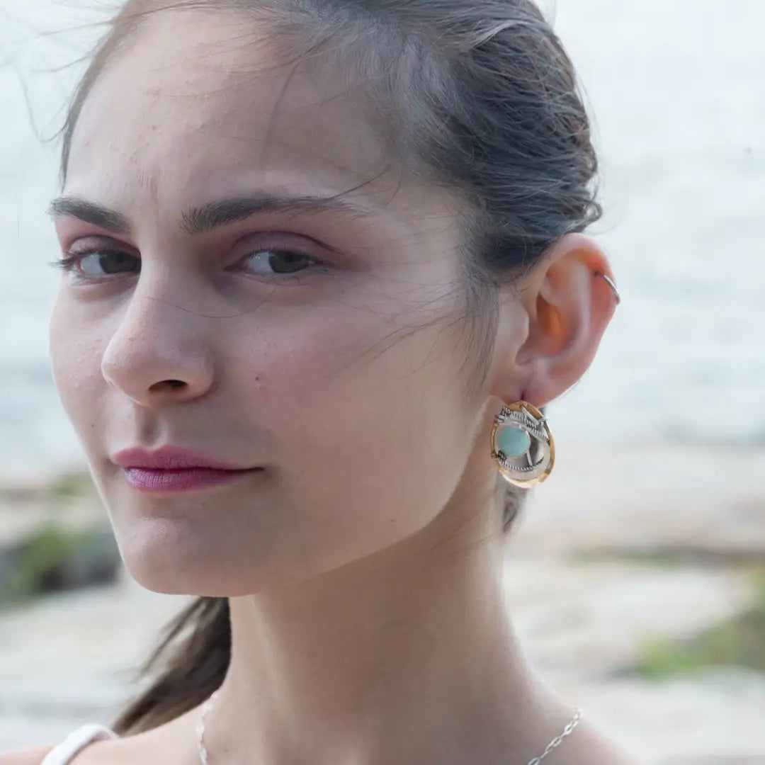 Brass oval earrings with oxidized sterling twist and sterling hammered details with amazonite coins wrapped in gold filled wire with built in sterling silver earring hooks that wear like a post earring