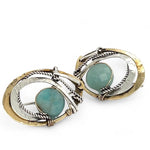 Brass oval earrings with oxidized sterling twist and sterling hammered details with amazonite coins wrapped in gold filled wire with built in sterling silver earring hooks that wear like a post earring