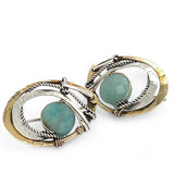 Brass oval earrings with oxidized sterling twist and sterling hammered details with amazonite coins wrapped in gold filled wire with built in sterling silver earring hooks that wear like a post earring