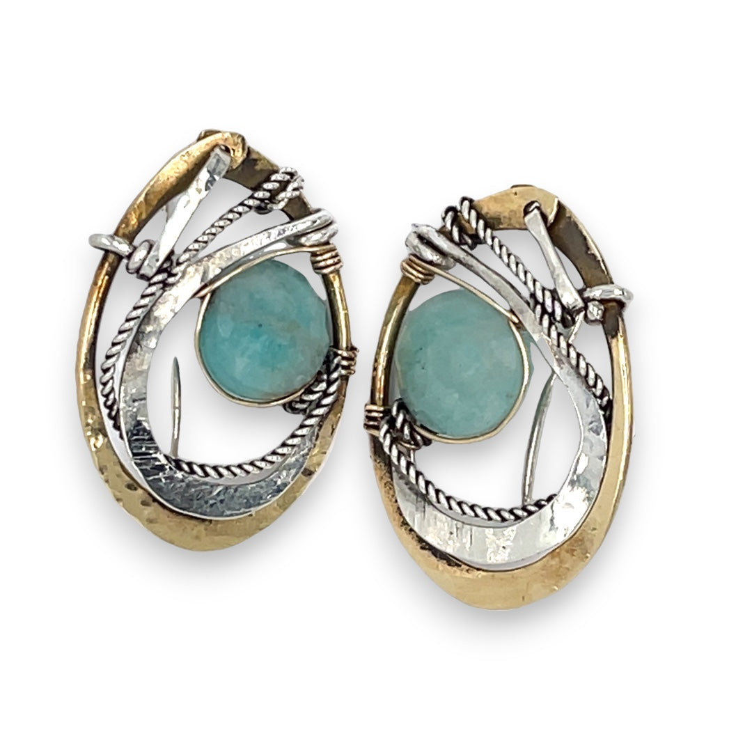 Brass oval earrings with oxidized sterling twist and sterling hammered details with amazonite coins wrapped in gold filled wire with built in sterling silver earring hooks that wear like a post earring