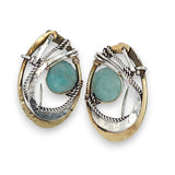 Brass oval earrings with oxidized sterling twist and sterling hammered details with amazonite coins wrapped in gold filled wire with built in sterling silver earring hooks that wear like a post earring
