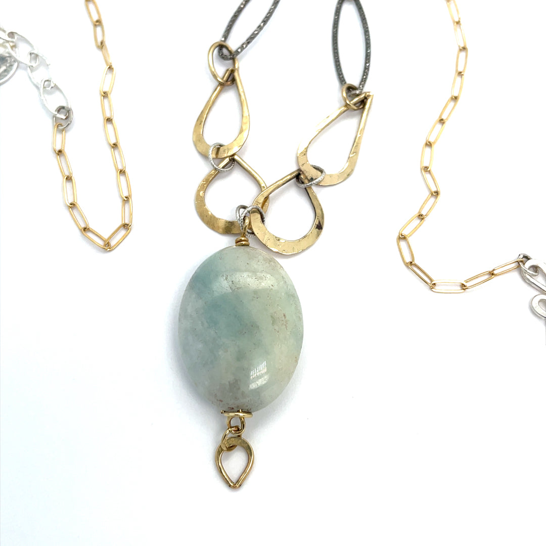 Handmade hammered brass teardrops, gold filled chain, oxidized sterling silver diamond cut link, and amazonite smooth gemstone necklace
