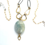 Handmade hammered brass teardrops, gold filled chain, oxidized sterling silver diamond cut link, and amazonite smooth gemstone necklace