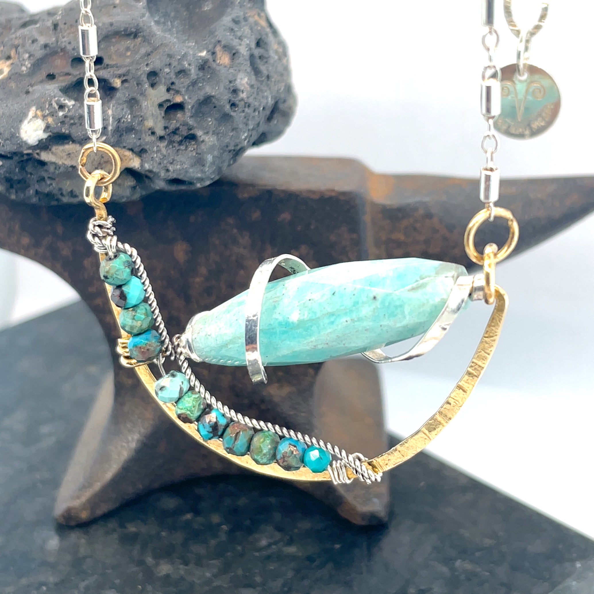 Brass cup necklace with amazonite large oval gemstone with turquoise accents and sterling silver dainty chain