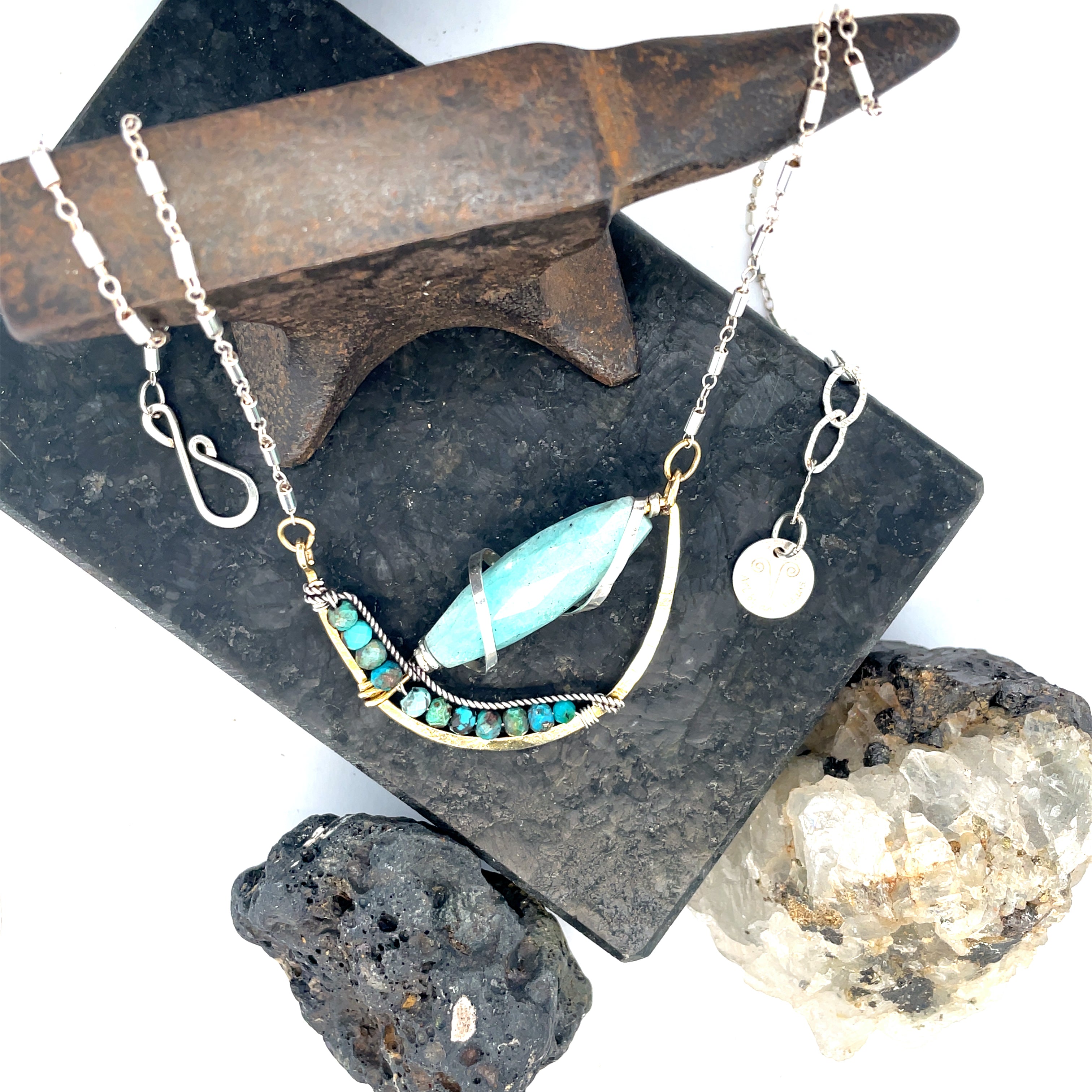 Brass cup necklace with amazonite large oval gemstone with turquoise accents and sterling silver dainty chain