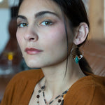 Chrysocolla diamonds are held within bronze hammered hoop earrings with amber crystal and chocolate fresh water pearl accents