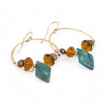 Chrysocolla diamonds are held within bronze hammered hoop earrings with amber crystal and chocolate fresh water pearl accents
