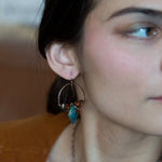 Chrysocolla diamonds are held within bronze hammered hoop earrings with amber crystal and chocolate fresh water pearl accents