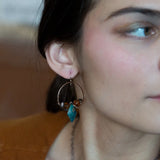 Chrysocolla diamonds are held within bronze hammered hoop earrings with amber crystal and chocolate fresh water pearl accents