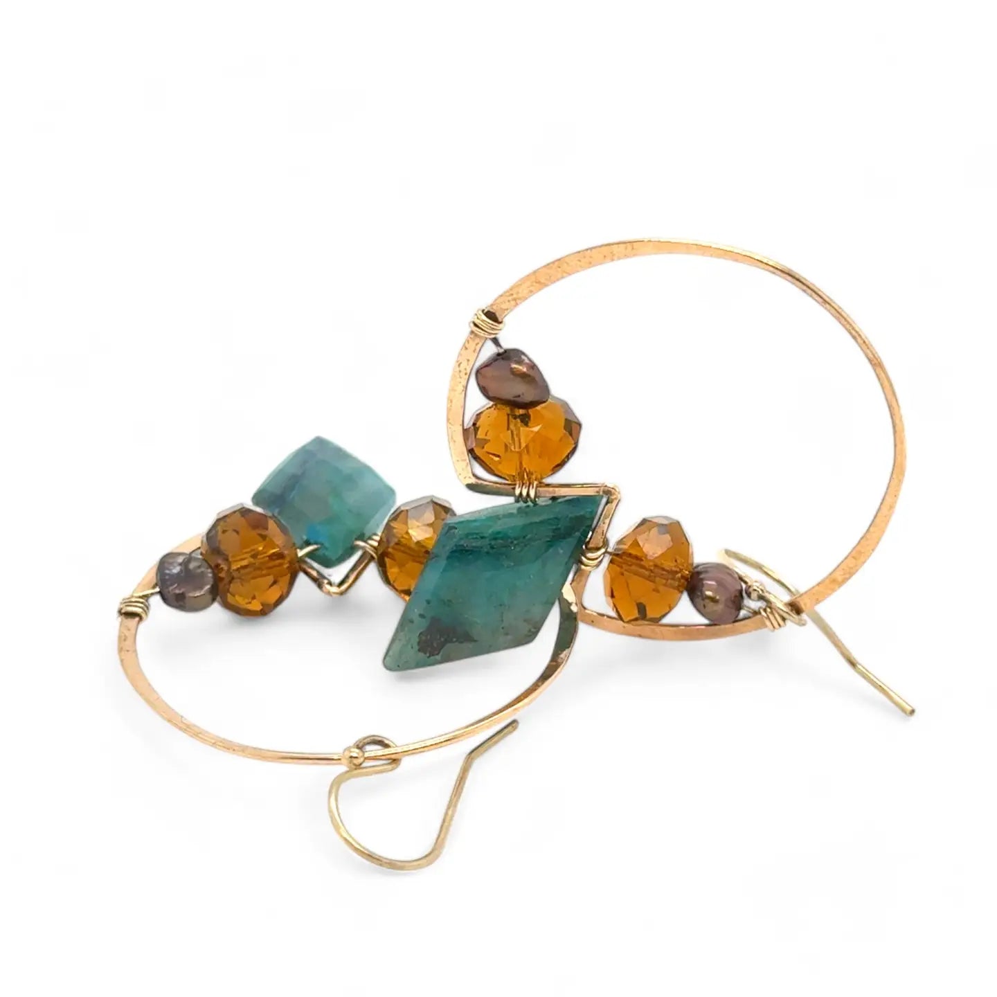 Chrysocolla diamonds are held within bronze hammered hoop earrings with amber crystal and chocolate fresh water pearl accents