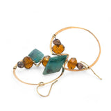 Chrysocolla diamonds are held within bronze hammered hoop earrings with amber crystal and chocolate fresh water pearl accents