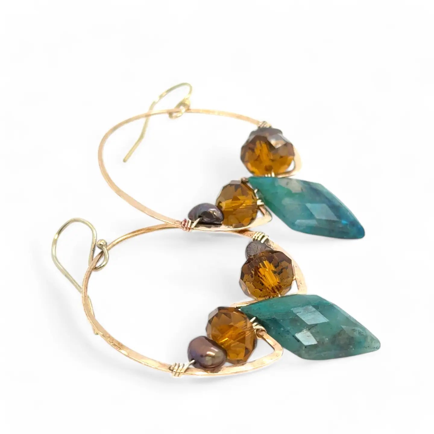 Chrysocolla diamonds are held within bronze hammered hoop earrings with amber crystal and chocolate fresh water pearl accents