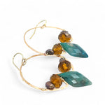 Chrysocolla diamonds are held within bronze hammered hoop earrings with amber crystal and chocolate fresh water pearl accents