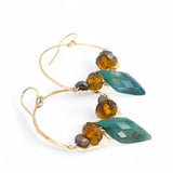 Chrysocolla diamonds are held within bronze hammered hoop earrings with amber crystal and chocolate fresh water pearl accents