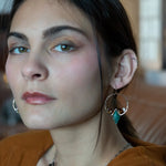 Chrysocolla diamonds are held within bronze hammered hoop earrings with amber crystal and chocolate fresh water pearl accents