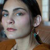 Chrysocolla diamonds are held within bronze hammered hoop earrings with amber crystal and chocolate fresh water pearl accents